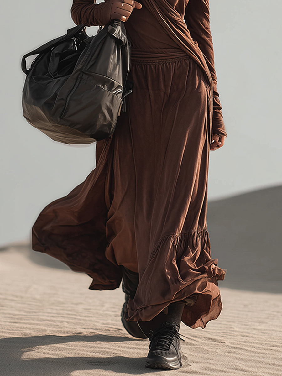 Brown Lightweight Comfortable Off Shoulder Multi Structured Maxi Dress