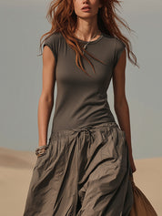 Gray Lightweight Cap Sleeve O-Neck Maxi Dress