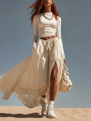 Cream Fitted Long Sleeves Top And Slit Skirt Set