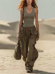 Olive Sleeveless Fitted Top And Pleated Trousers Set