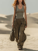 Olive Sleeveless Fitted Top And Pleated Trousers Set
