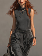 Dark Gray Lightweight Top And Double Drawstring Skirt Set