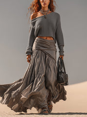 Gray Oversized Sweater And Pleated Maxi Skirt Set