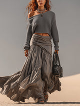 Gray Oversized Sweater And Pleated Maxi Skirt Set