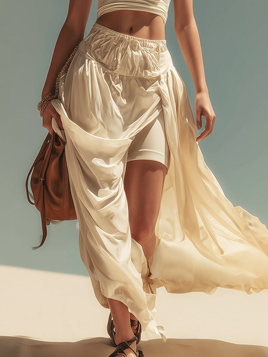 Beige Fitted Top And Sheer Skirt With Built In Leggings Set