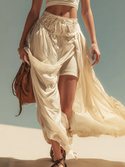 Beige Fitted Top And Sheer Skirt With Built In Leggings Set