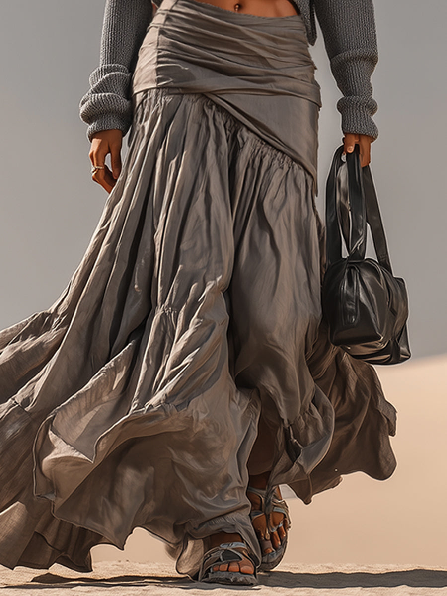 Gray Oversized Sweater And Pleated Maxi Skirt Set