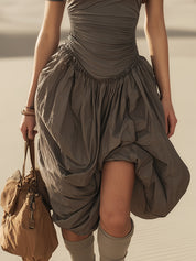 Gray Balloon Midi Dress With Short Sleeves