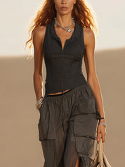 Gray Stretch Top And Sheer Pants Set
