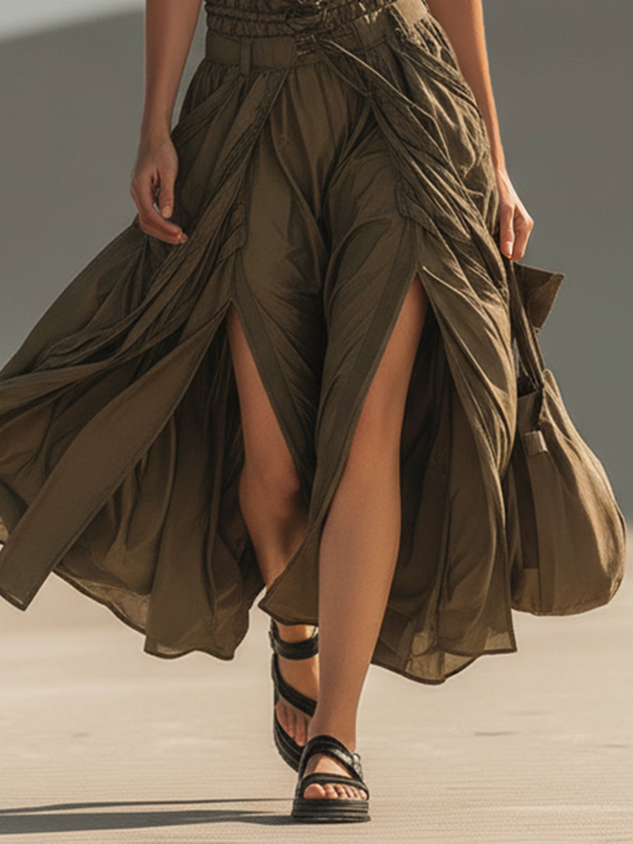 Olive Sleeveless Fitted Top And Split Skirt Set
