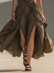 Olive Sleeveless Fitted Top And Split Skirt Set