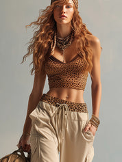Brown Layered Leopard Print Tank And Drawstring Pants Set