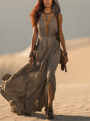 Gray Lightweight Sleeveless Hooded Maxi Dress
