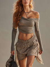 Gray Off Shoulder Breezy Top And Loose Shorts Set