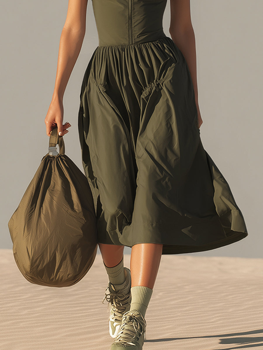 Olive Collared Top And Adjustable Strap Dress Set