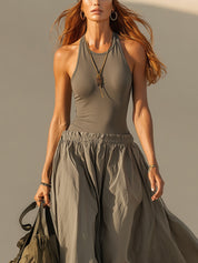 Gray Fitted Bodice Flared Sleeveless Maxi Dress