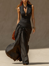 Black Deep V-Neck Milk Silk Mermaid Maxi Dress