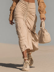 Khaki Outdoor Crop Top And Beige Ruched Skirt Set