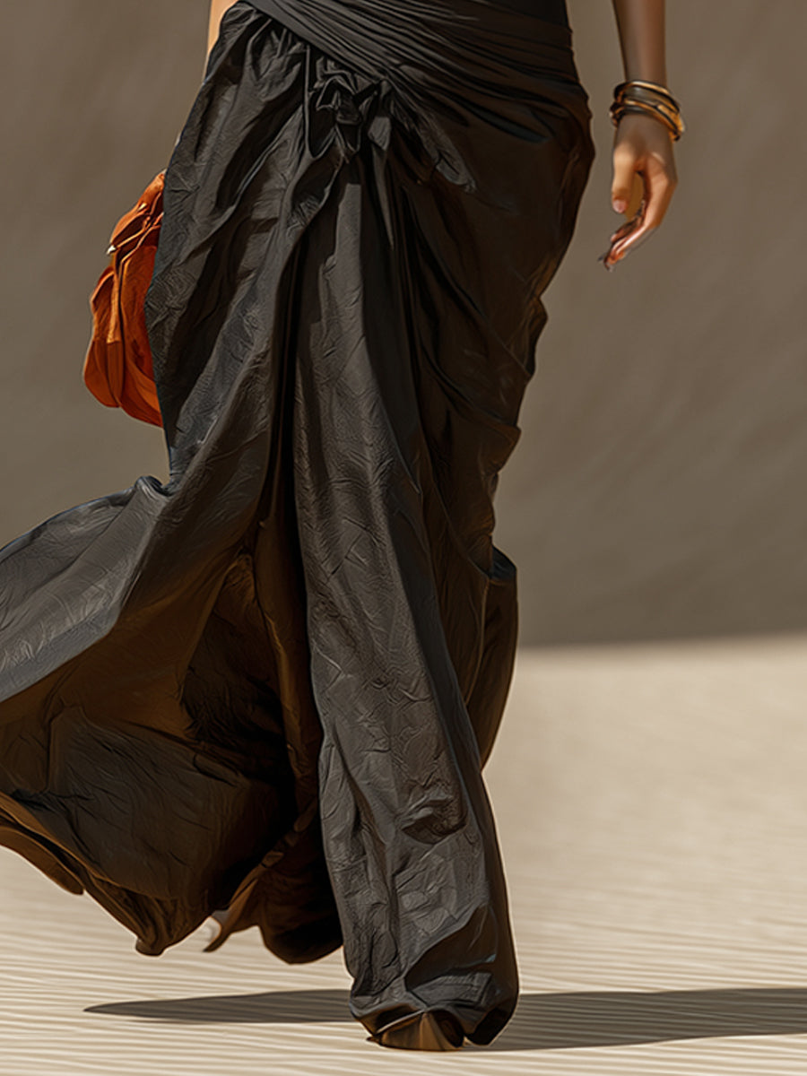 Black Deep V-Neck Milk Silk Mermaid Maxi Dress