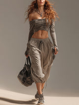 Gray Off Shoulder Crop Top And Loose Capri Pants Set