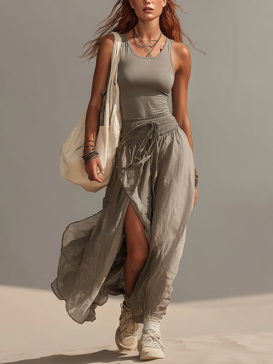 Gray Breezy Knit And Chiffon Two Piece Set