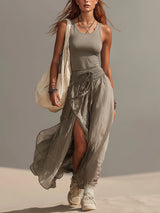 Gray Breezy Knit And Chiffon Two Piece Set
