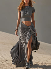 Minimalist Gray Milk Silk Short Sleeve Top And Tie Waist Skirt Set