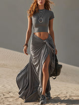 Minimalist Gray Milk Silk Short Sleeve Top And Tie Waist Skirt Set