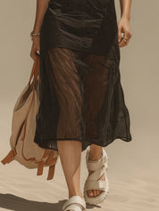Black Sleeveless Stretch Top And Sheer Skirt Set