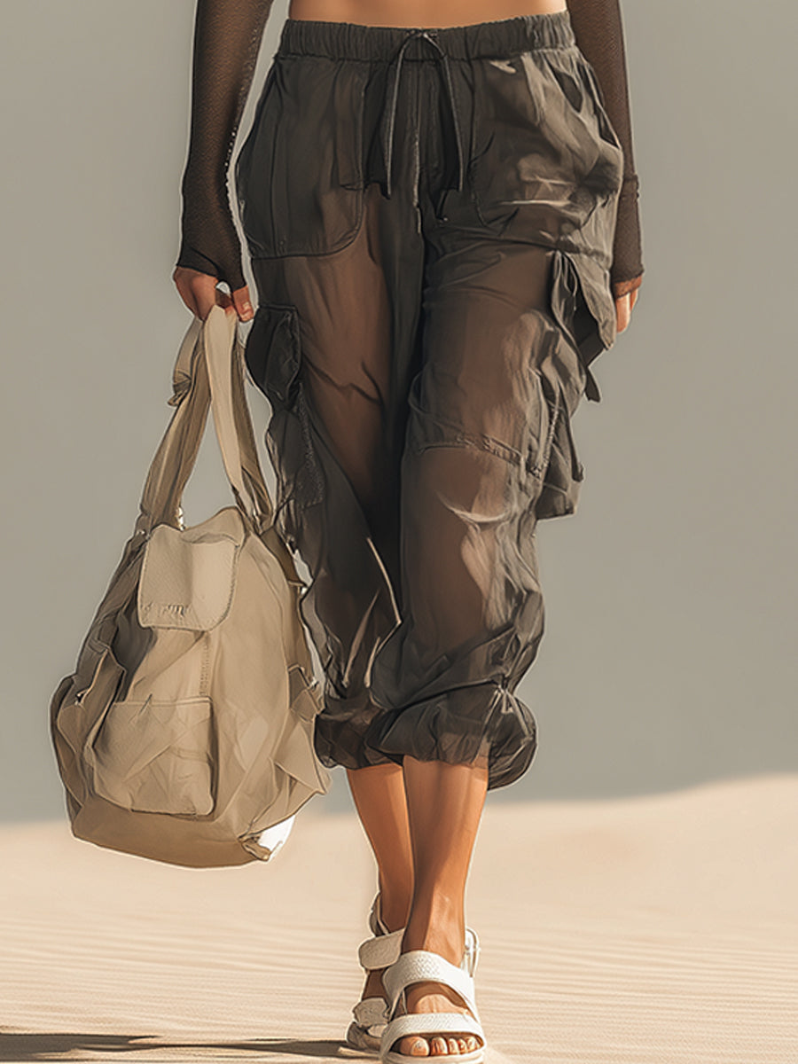 Gray Stretch Cropped Top And Sheer Pants Set