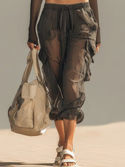 Gray Stretch Cropped Top And Sheer Pants Set