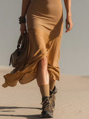 Khaki Sleeveless Ribbed Knit Mermaid Maxi Dress