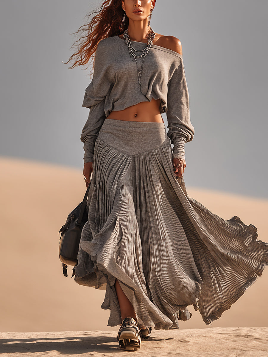 Gray Pleated Loose Fit Skirt Set