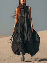 Black Sleeveless Hooded Zip Up Maxi Dress